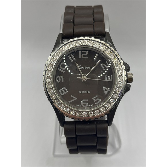 Geneva Platinum Women's Watch Rhinestone Bezel Brown Silicone Band- New Battery - Picture 1 of 5